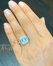 Load image into Gallery viewer, 14K Solid White Gold Emerald Cut Moissanite And Round Cut Natural Diamond Engagement Ring Halo Prong Set Bridal Wedding 3.70ctw
