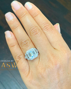 14K Solid White Gold Emerald Cut Moissanite And Round Cut Natural Diamond Engagement Ring Halo Prong Set Bridal Wedding 3.70ctw
