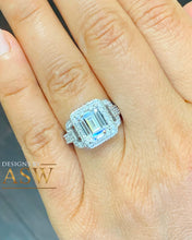 Load image into Gallery viewer, 14K Solid White Gold Emerald Cut Moissanite And Round Cut Natural Diamond Engagement Ring Halo Prong Set Bridal Wedding 3.70ctw
