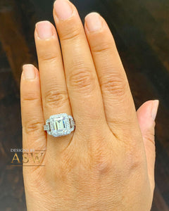 14K Solid White Gold Emerald Cut Moissanite And Round Cut Natural Diamond Engagement Ring Halo Prong Set Bridal Wedding 3.70ctw