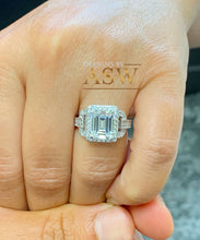 Load image into Gallery viewer, 14K Solid White Gold Emerald Cut Moissanite And Round Cut Natural Diamond Engagement Ring Halo Prong Set Bridal Wedding 3.70ctw
