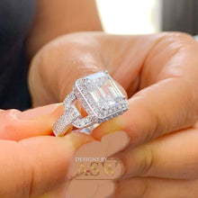 Load image into Gallery viewer, 14K Solid White Gold Emerald Cut Moissanite And Round Cut Natural Diamond Engagement Ring Halo Prong Set Bridal Wedding 3.70ctw
