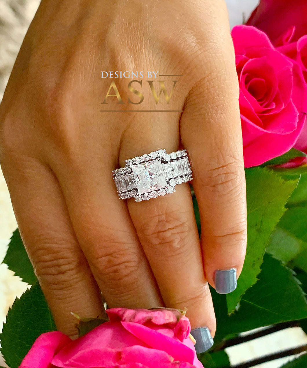 Heavy Huge 14k solid white gold princess, emerald baguettes and round cut forever one moissanite engagement ring and two bands halo 4.80ctw