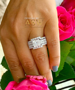 Heavy Huge 14k solid white gold princess, emerald baguettes and round cut moissanite engagement ring and two bands halo 4.80ctw