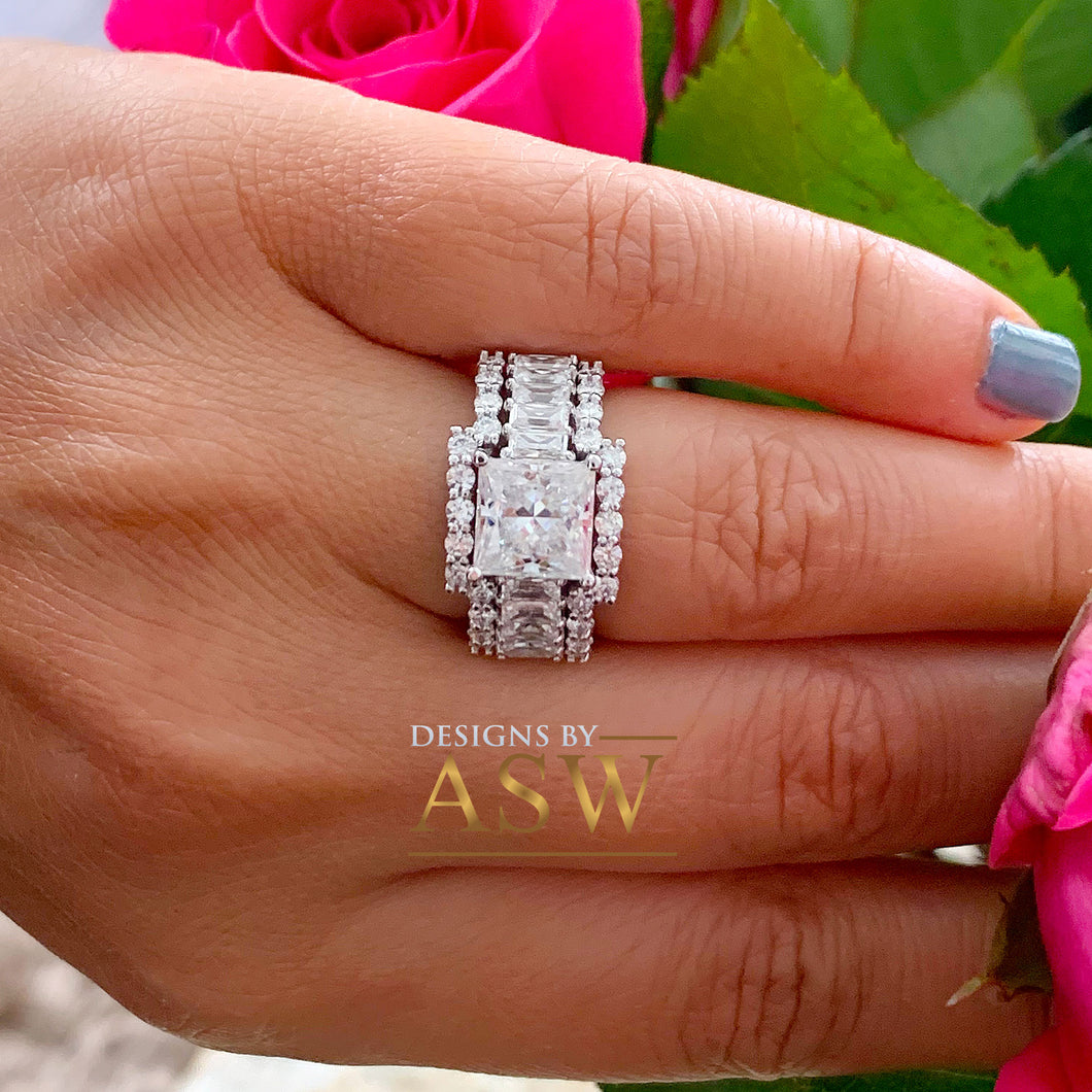 Large 14K Solid And Heavy White Gold Princess And Round Cut Simulated Diamonds Engagement Ring And Two Bands, Wedding Bridal Set 3.50ct