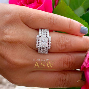 Heavy Huge 14k solid white gold princess, emerald baguettes and round cut moissanite engagement ring and two bands halo 4.80ctw