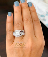 Load image into Gallery viewer, Heavy Huge 14k solid white gold princess, emerald baguettes and round cut moissanite engagement ring and two bands halo 4.80ctw
