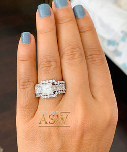 Heavy Huge 14k solid white gold princess, emerald baguettes and round cut moissanite engagement ring and two bands halo 4.80ctw