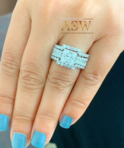 Heavy Huge 14k solid white gold princess, emerald baguettes and round cut moissanite engagement ring and two bands halo 4.80ctw