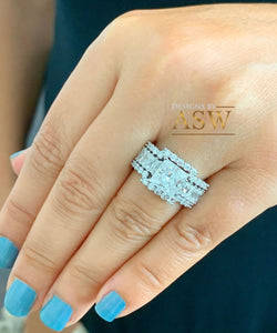 Heavy Huge 14k solid white gold princess, emerald baguettes and round cut moissanite engagement ring and two bands halo 4.80ctw