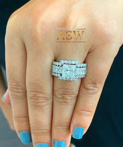 Heavy Huge 14k solid white gold princess, emerald baguettes and round cut moissanite engagement ring and two bands halo 4.80ctw