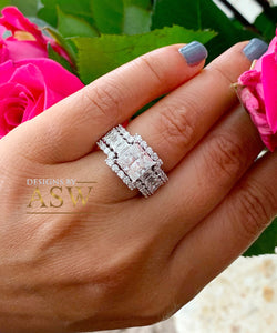 Heavy Huge 14k solid white gold princess, emerald baguettes and round cut moissanite engagement ring and two bands halo 4.80ctw
