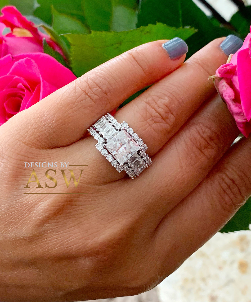 Heavy Huge 14k solid white gold princess, emerald baguettes and round cut moissanite engagement ring and two bands halo 4.80ctw