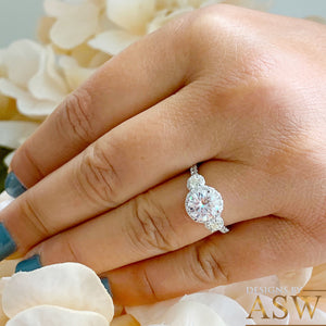 14k Solid White Gold Round Cut Forever One Moissanite and Natural Diamond Engagement Ring Three stone Style Halo Bridal Wedding 2.15ct