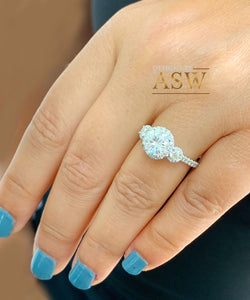 14k Solid White Gold Round Cut Moissanite and Natural Diamond Engagement Ring Three stone Style Halo Bridal Wedding 2.15ct
