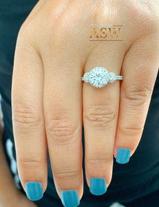 14k Solid White Gold Round Cut Moissanite and Natural Diamond Engagement Ring Three stone Style Halo Bridal Wedding 2.15ct