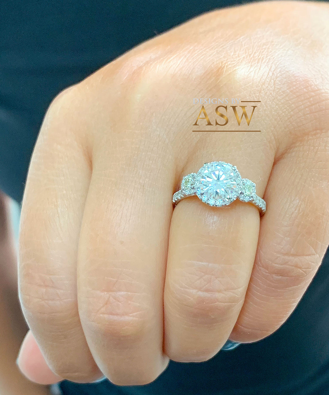14k Solid White Gold Round Cut Moissanite and Natural Diamond Engagement Ring Three stone Style Halo Bridal Wedding 2.15ct