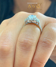 Load image into Gallery viewer, 14k Solid White Gold Round Cut Moissanite and Natural Diamond Engagement Ring Three stone Style Halo Bridal Wedding 2.15ct
