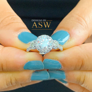 14k Solid White Gold Round Cut Moissanite and Natural Diamond Engagement Ring Three stone Style Halo Bridal Wedding 2.15ct