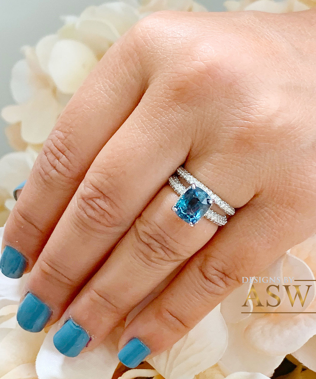 14k solid white gold cushion cut blue sapphire and natural diamonds engagement ring, bridal, wedding, anniversary, promise, propose 5.00CT