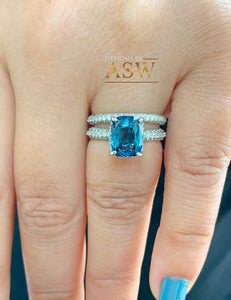 14k solid white gold cushion cut blue sapphire and natural diamonds engagement ring, bridal, wedding, anniversary, promise, propose 5.00CT
