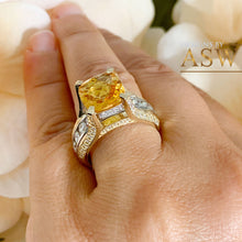 Load image into Gallery viewer, 14K White and Yellow Gold Cushion Cut Natural Yellow Citrine and Round cut Natural Diamonds Engagement Ring Bridal Wedding 4.80ctw
