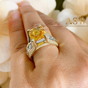 14K White and Yellow Gold Cushion Cut Natural Yellow Citrine and Round cut Natural Diamonds Engagement Ring Bridal Wedding 4.80ctw