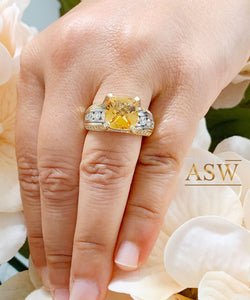14K White and Yellow Gold Cushion Cut Natural Yellow Citrine and Round cut Natural Diamonds Engagement Ring Bridal Wedding 4.80ctw