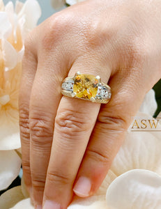 14K White and Yellow Gold Cushion Cut Natural Yellow Citrine and Round cut Natural Diamonds Engagement Ring Bridal Wedding 4.80ctw
