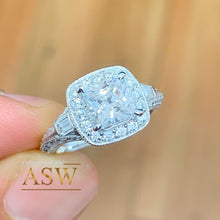 Load image into Gallery viewer, 14K Solid White Gold Princess Cut Moissanite and Natural Diamond Engagement Ring Deco Halo, bridal, wedding, prong set 1.95ctw
