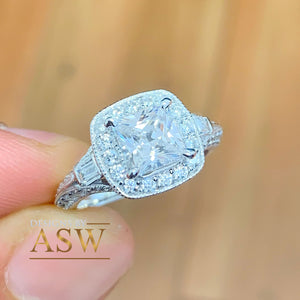 14K Solid White Gold Princess Cut Moissanite and Natural Diamond Engagement Ring Deco Halo, bridal, wedding, prong set 1.95ctw