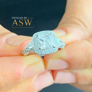 14K Solid White Gold Princess Cut Moissanite and Natural Diamond Engagement Ring Deco Halo, bridal, wedding, prong set 1.95ctw