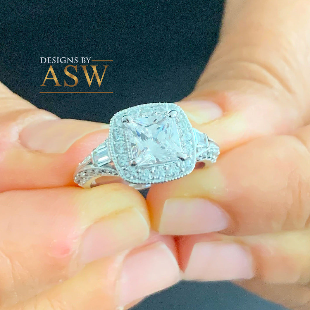 14K Solid White Gold Princess Cut Moissanite and Natural Diamond Engagement Ring Deco Halo, bridal, wedding, prong set 1.95ctw