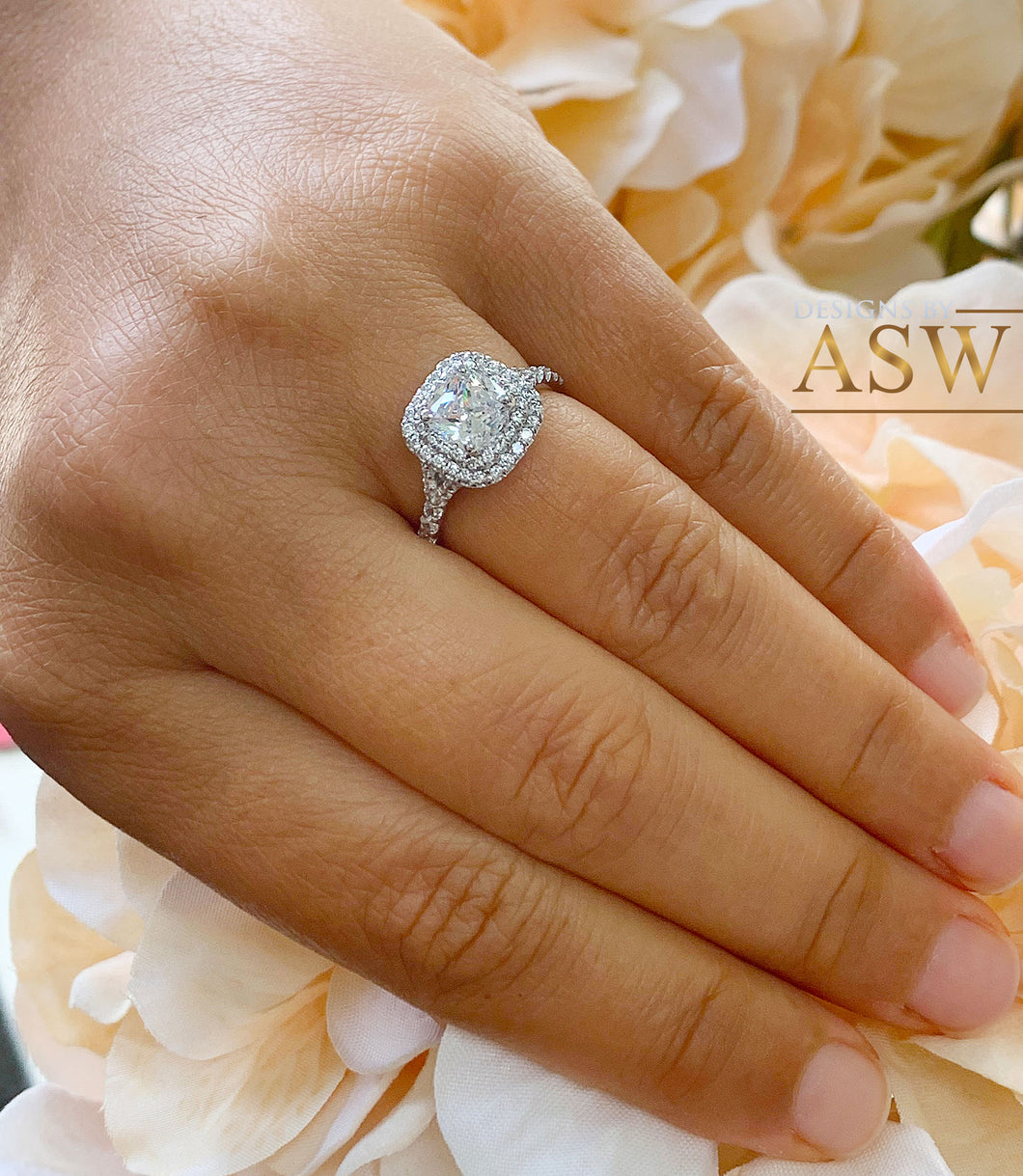 14K Solid White Gold Cushion Cut Moissanite and Natural Diamond Engagement Ring Soleste Style Double Halo 1.80ct