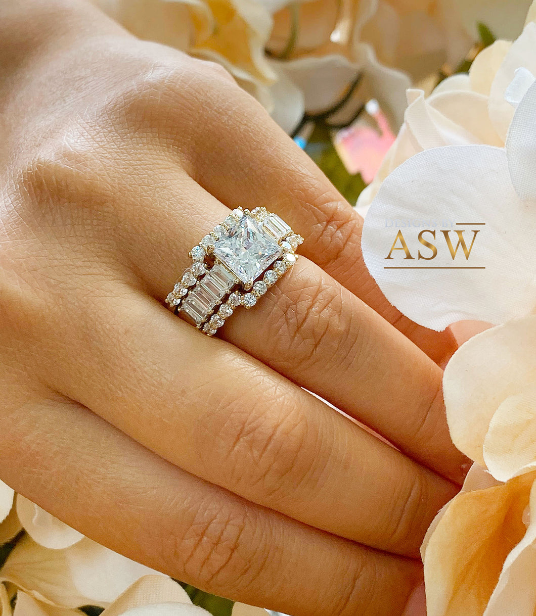 Heavy Huge 14k solid yellow gold princess, emerald baguettes and round cut moissanite engagement ring and two bands halo 4.80ctw