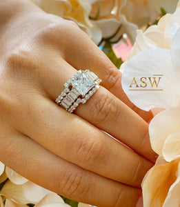 Heavy Huge 14k solid yellow gold princess, emerald baguettes and round cut forever one moissanite engagement ring and two bands halo 4.80ctw