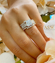 Load image into Gallery viewer, Heavy Huge 14k solid yellow gold princess, emerald baguettes and round cut forever one moissanite engagement ring and two bands halo 4.80ctw
