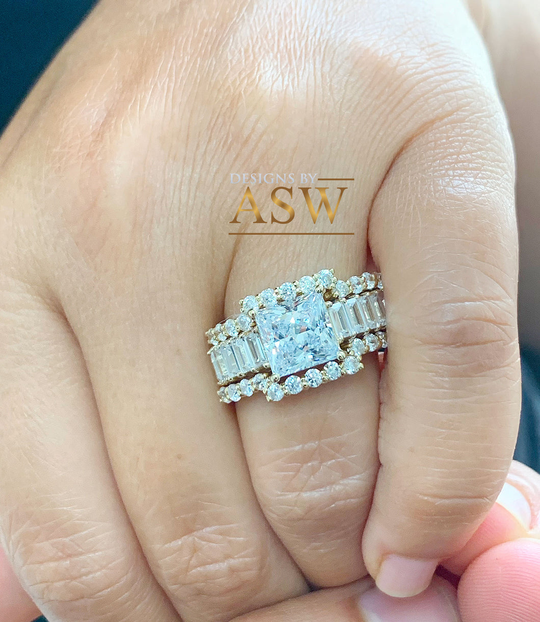 Heavy Huge 14k solid yellow gold princess, emerald baguettes and round cut forever one moissanite engagement ring and two bands halo 4.80ctw