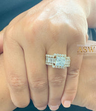 Load image into Gallery viewer, Heavy Huge 14k solid yellow gold princess, emerald baguettes and round cut forever one moissanite engagement ring and two bands halo 4.80ctw
