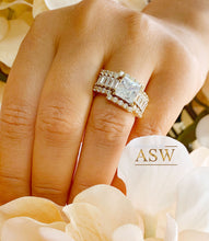 Load image into Gallery viewer, Heavy Huge 14k solid yellow gold princess, emerald baguettes and round cut forever one moissanite engagement ring and two bands halo 4.80ctw
