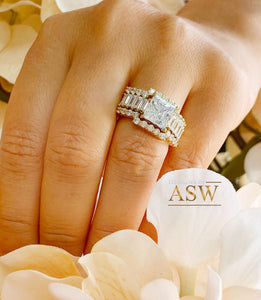 Heavy Huge 14k solid yellow gold princess, emerald baguettes and round cut forever one moissanite engagement ring and two bands halo 4.80ctw