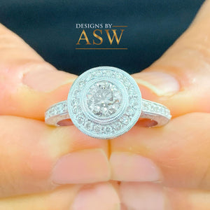 Filigree 14K Solid White Gold Round Cut Forever One Moissanite And Natural Diamond Engagement Ring Bezel Set Antique Style Halo 1.25ctw