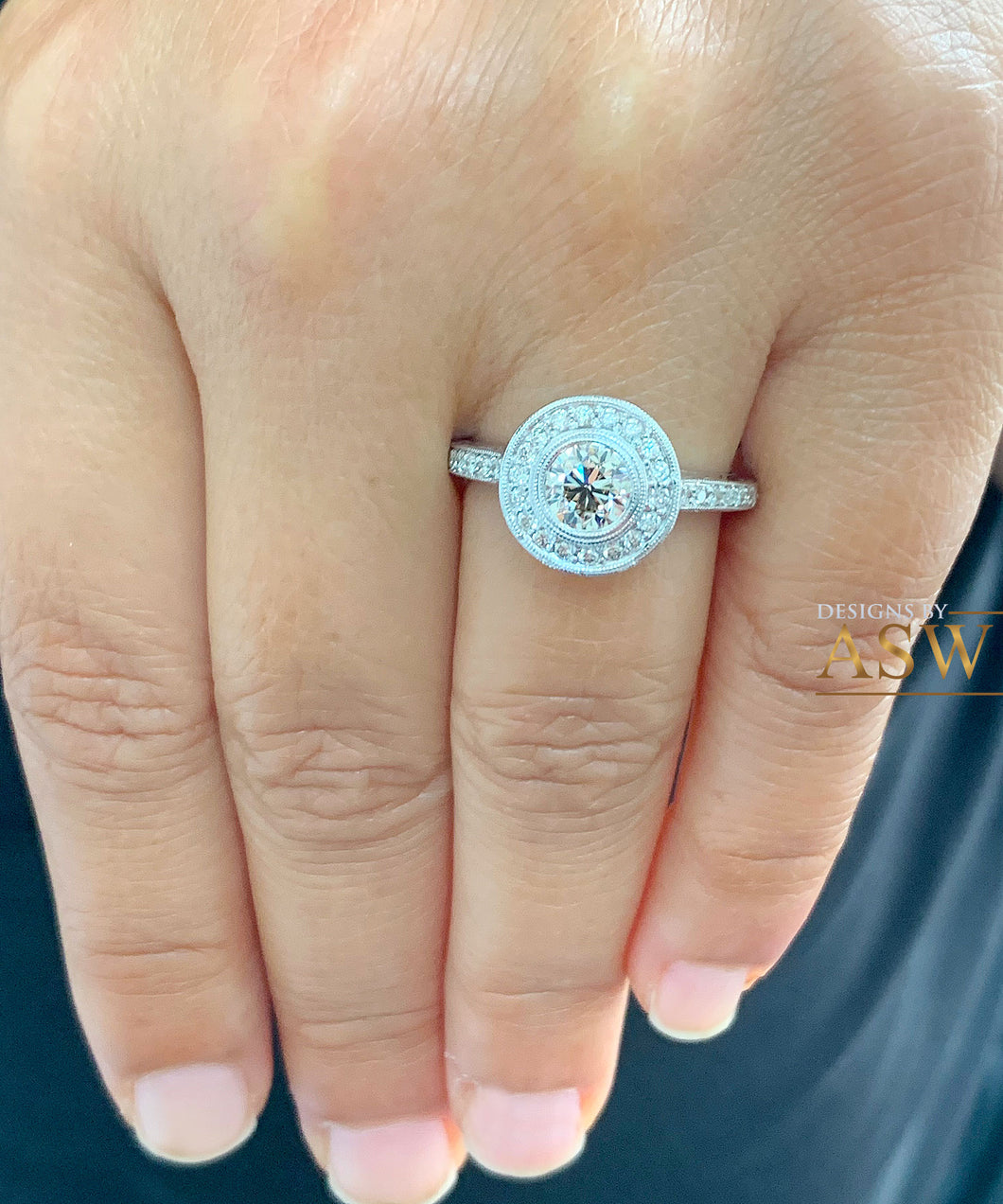 Filigree 14K Solid White Gold Round Cut Forever One Moissanite And Natural Diamond Engagement Ring Bezel Set Antique Style Halo 1.25ctw