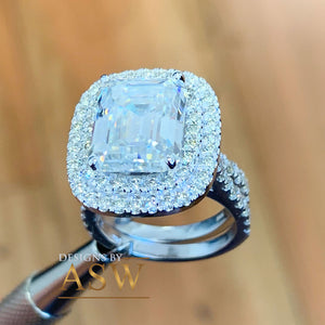 Double Halo 14K Solid White Gold Emerald and Round Cut Simulated Diamonds Engagement Ring And Bands Set Prong Set Wedding Bridal 5.50ct