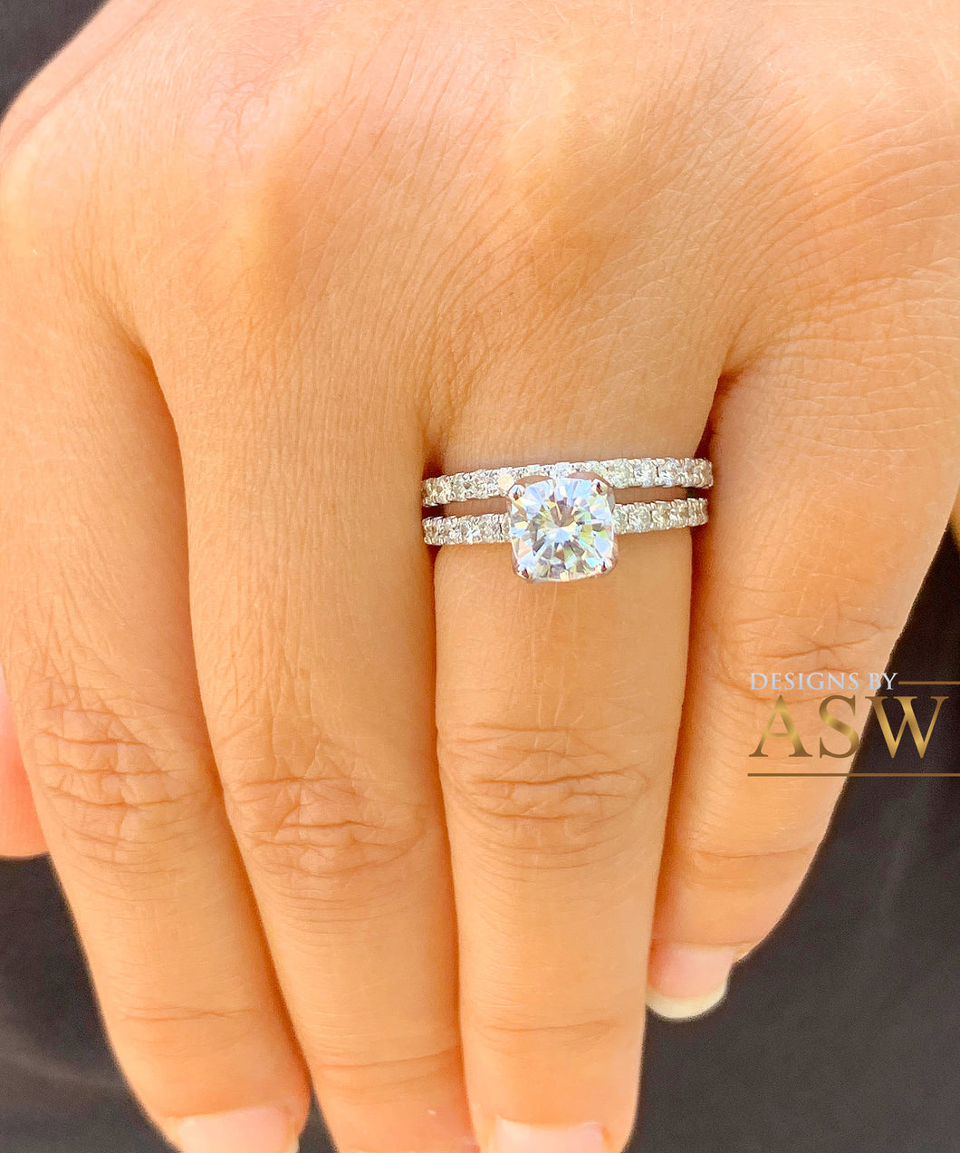 14K White Gold Cushion Cut Moissanite and Round Cut Natural Diamond Engagement Ring And Band Bridal Wedding Set Halo 1.90ctw