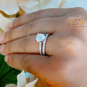 14K White Gold Cushion Cut Forever One Moissanite and Round Cut Natural Diamond Engagement Ring And Band Bridal Wedding Set Halo 1.90ctw