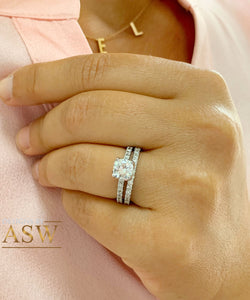 14K White Gold Cushion Cut Forever One Moissanite and Round Cut Natural Diamond Engagement Ring And Band Bridal Wedding Set Halo 1.90ctw