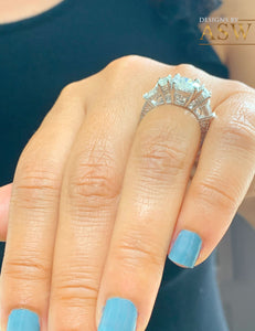 Copy of 14K Solid White Gold Round Cut Moissanite and Natural Round And Baguettes Cut Diamond Engagement Ring Deco Antique Style 2.70ctw
