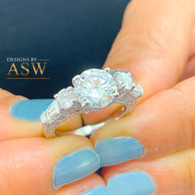 Load image into Gallery viewer, Copy of 14K Solid White Gold Round Cut Moissanite and Natural Round And Baguettes Cut Diamond Engagement Ring Deco Antique Style 2.70ctw
