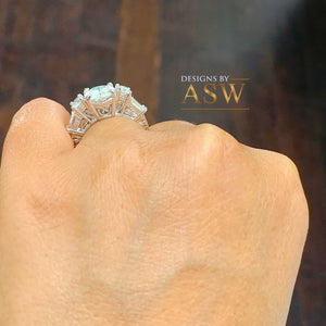 Copy of 14K Solid White Gold Round Cut Moissanite and Natural Round And Baguettes Cut Diamond Engagement Ring Deco Antique Style 2.70ctw